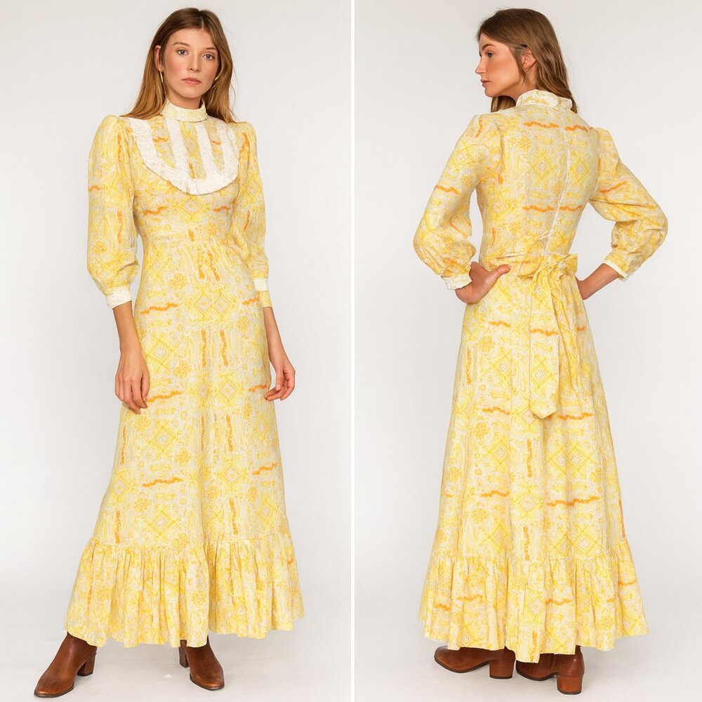 Vintage Maxi Dress Prairie Cottagecore Bohemian Victorian Lace Puff Sleeves sz 6